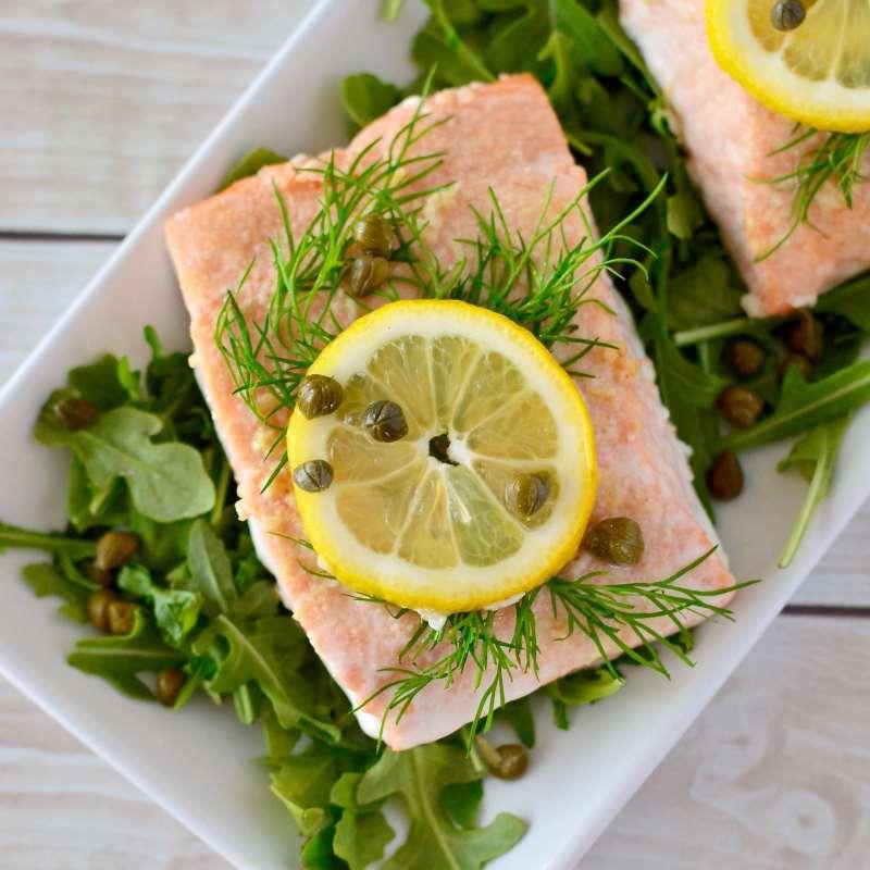 Monday, 11th June 2018 Simple Lemon Dill Baked Salmon with Caper Aioli Active Time: 10m Total Time: 25m 1 1/2 cloves garlic 1/2 lemon 12 ounces salmon 1 1/2 teaspoons ghee, plus more for greasing pan