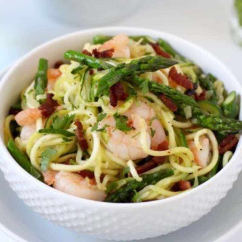 Wednesday, 13th June 2018 Zucchini Pasta Carbonara with Shrimp Active Time: 35m Total Time: 35m 3 slices bacon 2 zucchinis 1/2 onion 1 clove garlic 4 ounces asparagus 1/8 cup fresh parsley 1/2 pound