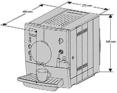 8.4 Dimensions and weight 8.4.1 Appliance dimensions Height Width Depth Height between coffee outlet and drip plate 345 mm 273 mm 480 mm 75 mm 115 mm 8.4.2 Cable length Approx. 1.2 m 8.4.3 Weight of machine 7.