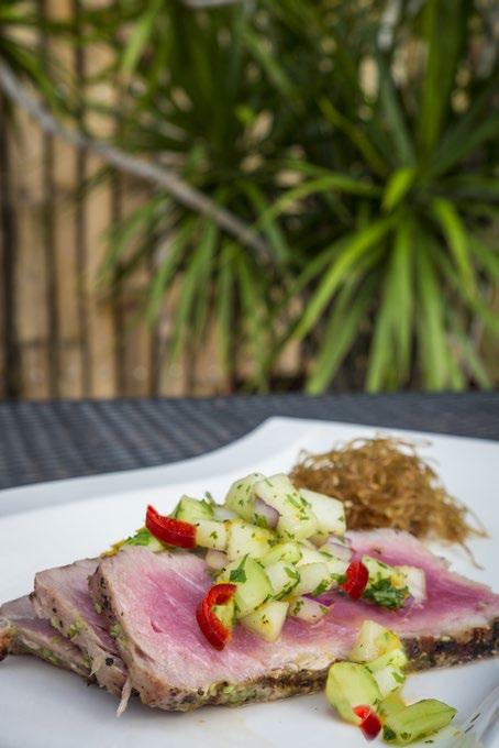 16 Honeydew Melon Salsa Over Tuna Steaks Serves 2 Prep/cooking time: Approximately 25 minutes 1 small honeydew melon, finely diced ½ red chili pepper, seeded and chopped 4 tbsp.