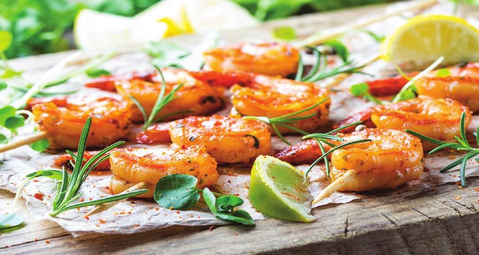 18 Grilled Snap Peas and Shrimp Skewers Serves 3-4 Prep/cooking time: About 20 minutes For shrimp marinade: 2 tbsp. extra virgin olive oil 1 tsp. garlic powder 3 tbsp.