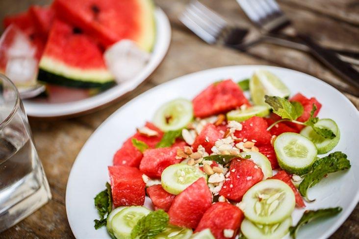 21 Cucumber and Watermelon Salad Serves 6 Prep time: Approximately 20 minutes 3 cups cucumbers cut into ½-inch pieces 3 cups seeded watermelon cut into ½-inch pieces 3½ tbsp. fresh lime juice 3 tbsp.