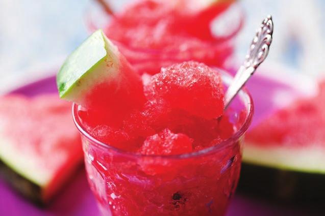 23 Watermelon Ice Serves 4 Prep time: Approximately 20 minutes 2 tbsp. water 1 tsp. unflavored gelatin 4 cups seedless watermelon, cubed 2 tbsp. lime juice 2 tbsp.