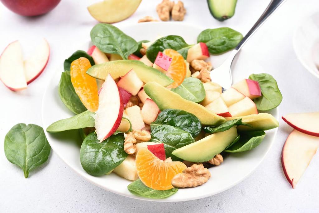 7 Apple Avocado Salad with Tangerine Dressing Serves 10 Prep time: Approximately 20 minutes 1 (10 ounce) package baby greens ¼ cup chopped shallots ½ cup chopped walnuts ¹ 3 cup crumbled low-fat blue