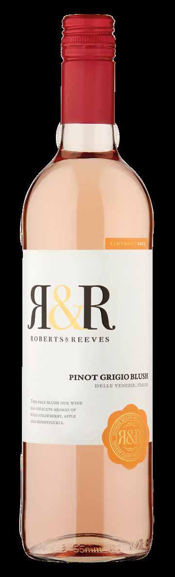 Roberts & Reeves Pinot Grigio Blush Italy On Trade Vintage 2017. Region Delle Venezie, Veneto, Italy. Grape Variety 100% Pinot Grigio. 11.5% (8.6 units per 75cl bottle & 1.4 units per 125 ml glass).