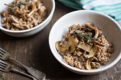 Buckwheat and Mushroom Risotto 150g buckwheat grouts - rinsed 1 small white onion - finely chopped 2 garlic cloves - finely chopped Fresh thyme 250ml vegetable stock (homemade or organic gluten free