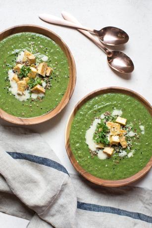 NOON Cleansing Green Soup with Tofu coconut oil 1 medium white onion, finely chopped 1 celery stalk, finely chopped 2 cloves of garlic, finely chopped piece of ginger grated 1 tsp of cumin pinch of