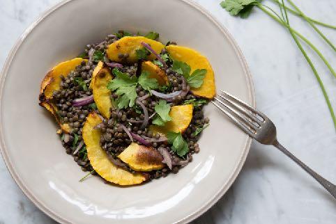Warm Lentil and Butternut Squash salad 1 cup uncooked puy / French lentils 2/3 to 1/2 butternut squash depending on size 1 tbsp coconut oil 1/2 tsp cumin powder 1 tsp fennel seeds 1/2 red onion