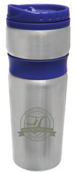 65 Stainless steel double wall tumbler that features a splash-proof lid with sliding tab, silver mug with matching coloured