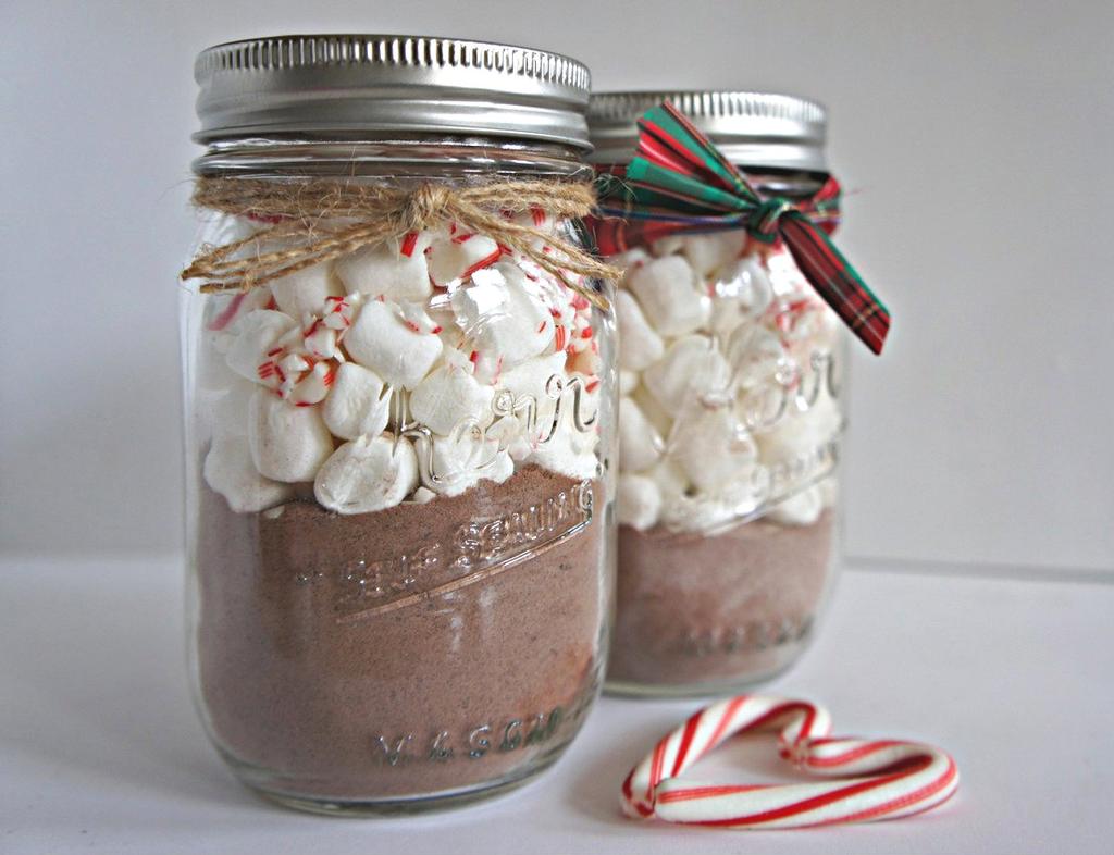 Hot Chocolate Mix in a Jar Mason jar Dry measuring cups and spoons 1 cup of dry non-dairy creamer 1 cup of nonfat dry milk ½ cup of unsweetened cocoa 1 cup of sugar Marshmallows Add crushed