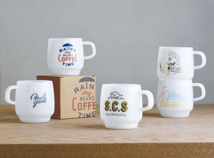 Each sign painting was originally drawn by hand to give distinctive character and their messages bring fun and relaxation to your coffee time. The mugs can be stacked for compact storage.