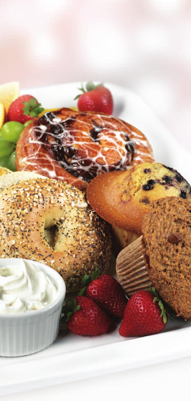 Breakfast Rise and Shine Platter Freshly baked assorted bagels, tea biscuits, muffins and danishes. Accompanied with whipped butter, jam and cream cheese. 8-20 $6.29 PP 21-49 $5.79 PP 50+ $5.