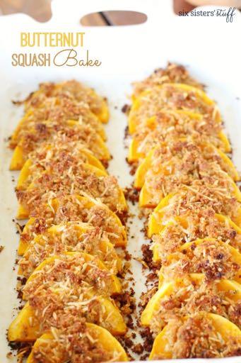 BUTTERNUT SQUASH BAKE S I D E D I S H Serves: 6 Prep Time: 10 Minutes Cook Time: 50 Minutes 3 pound butternut Squash 1/4 cup butter (melted) 2 teaspoons minced garlic 1/2 cup Italian bread crumbs 1/2