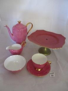 C 32 Royal Standard bone china tea set, speckled pink and white with a gold trim comprising 6 cups