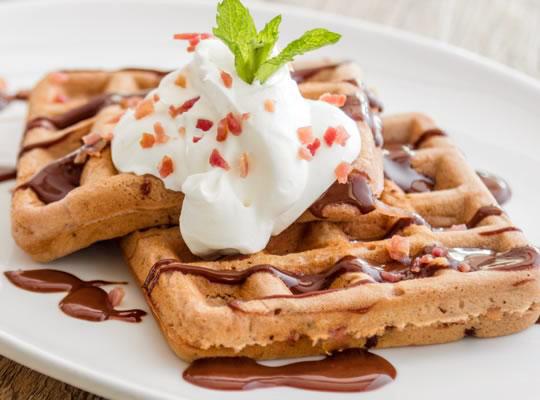 NESTLÉ Dark Chocolate Flavor Hot Cocoa Mix Bacon Waffle 20 PORTIONS Crisp bacon and coffee bring surprising sophistication to a sweet waffle that s equally at home on a brunch menu or for dessert.