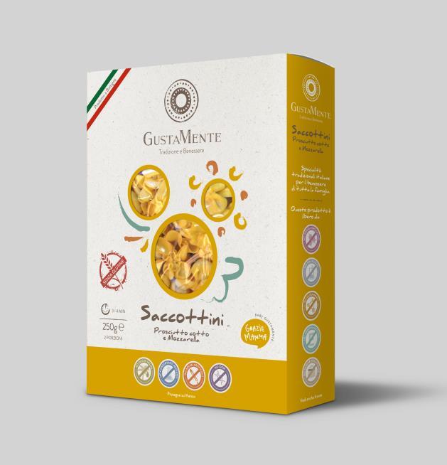 SACCOTTINI PROSCIUTTO COTTO E MOZZARELLA (FILLED WITH COOKED HAM AND MOZZARELLA) With a shape that reminds of a candy, Saccottini are perfect to tantalize the appetite of our kids: "Grazie Mamma"