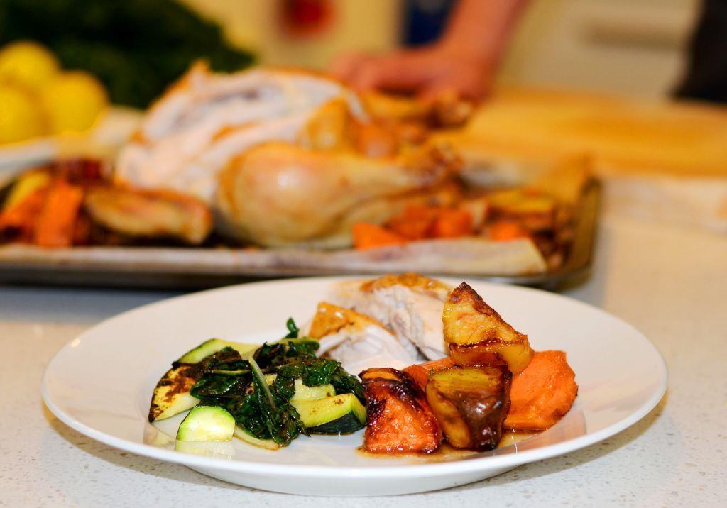 Thyme roast chicken, sweet potato, sautéed greens and chicken jus There is a common misconception that the family roast is a big ordeal to prepare in the kitchen when really its pretty