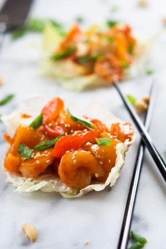 Sweet and Sour Shrimp Lettuce Wraps Seafood 1 1/2 pounds shelled and deveined shrimp, 51-60 count Sauce: ¼ cup low-sodium chicken broth 2 tablespoons low sodium soy sauce ¼ cup apricot jam ¼ cup