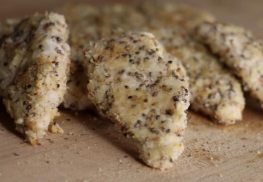 MAINS GOLDEN NUGGETS 2 lbs Chicken Breast diced into 1 oz nuggets 1 Egg ¼ cup Water 1 tbsp Coconut flour ¼ cup Almonds diced 1 tbsp Chia Seeds ¼ cup Unsweetened Shredded Coconut 1 tsp Garlic Powder ½