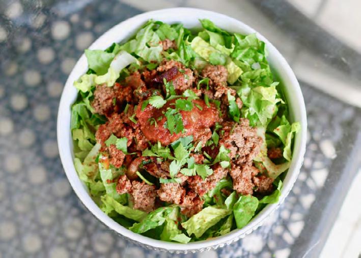 MAINS CHIPOTLE BOWL 2 lbs Grass Fed Ground Beef ½ cup chopped Red Onion 3 chopped Garlic cloves ½ tsp Chili powder ½ tsp Smoked Paprika ½ cup chopped Spinach 2 tbsp Salsa 1 tbsp coconut oil Recommend