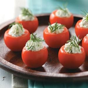 Cucumber Stuffed-Cherry Tomatoes This is a wonderful appetizer that you can make ahead. I often triple the recipe because they disappear fast.