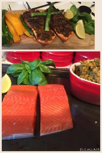 Grilled Salmon with Cayenne crust Preparation Time: 3 minutes Cooking Time: 15 mins Makes: 2 portions 1 tbsp Black Mamba Basil & Cayenne pesto (TC) 1 slice wholemeal bread 2 fillets of salmon Coconut