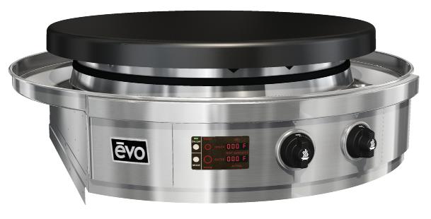 It features a 30" diameter black seasoned cooking surface with two independently-controlled gas burners and two circular heat zones. Temperatures are variable from 225 F to 550 F (107 C to 288 C).