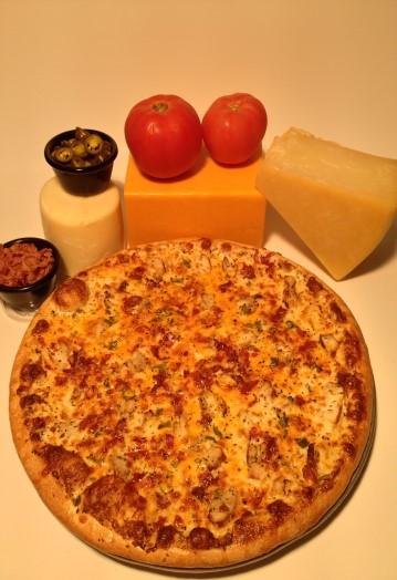 ONLY in East peoria The Backdraft Pizza TM Zesty buffalo ranch sauce topped with grilled chicken bacon, our 4-cheese blend, and diced jalapenos. Small thin crust $8.49 Thin or Hand-tossed: Medium $16.