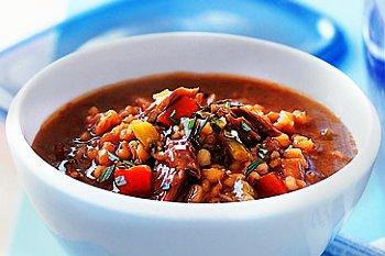 Beef Barley Soup Beef, mushrooms and barley served in a warm broth with a side salad Ingredients (soup): 2 oz.