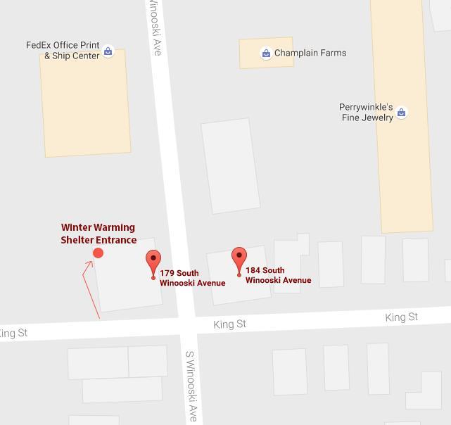 General Information Location: 179 South Winooski Avenue in Burlington. The entrance to the warming shelter is around back, off of King Street, and downstairs.