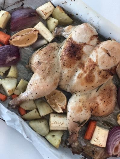 MONDAY Spatchcock Chicken with Roasted Vegetables Heat oven to 350. Place chicken and vegetables in a baking dish -if it wasn t already stored in an ovensafe dish.
