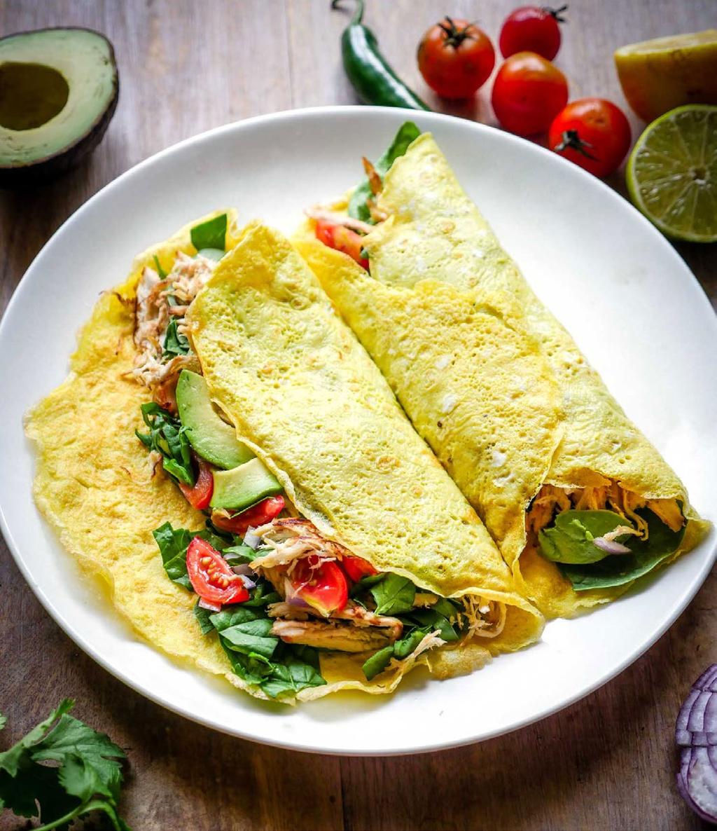 Citrus Chicken Egg Wraps Directions: Shredded rotisserie chicken breast is marinated in lemon and lime juice, crisped in coconut oil and then used to fill an egg wrap to make a tasty meal that works