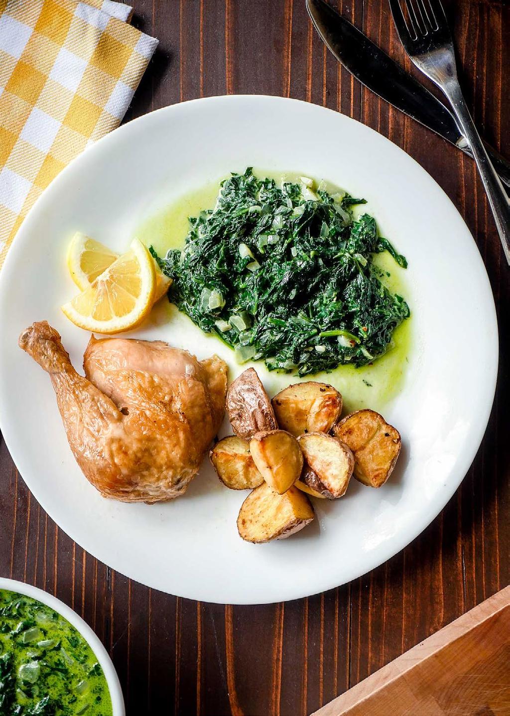 Chicken Legs with Roasted Potatoes and Creamed Spinach Directions: Preheat the oven to 400 F. In a large mixing bowl, combine the olive oil, salt, and pepper. Add the potatoes and toss until coated.