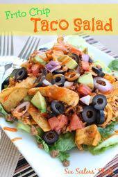 DAY 2 SMALLER FAMILY- FRITO CHIP TACO SALAD M A I N D I S H Serves: 3-4 Prep Time: 15 Minutes Cook Time: 10 Minutes 1/2 pound ground beef 1/2 ounce taco seasoning mix 1 1/2 cups Frito corn chips 1/2