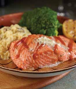 (2014 cal) Substitute BBQ pulled pork (350 cal) GRILLED NORWEGIAN SALMON 8-oz filet, wrapped in cedar paper, grilled tender and drizzled with our signature barbecue sauce with