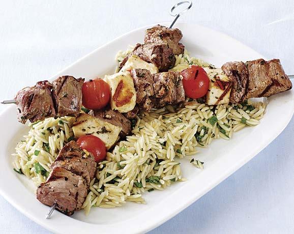 monday Grilled Lamb, Tomato, and Halloumi Skewers with Orzo Salad Active/total time: 30 minutes A tangy, garlicky marinade made with lots of fresh oregano pairs perfectly with full-flavored lamb.