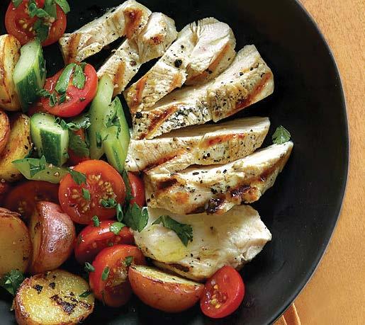 friday Grilled Chicken and Potatoes with Tomato and Cucumber Salad Active/total time: 30 minutes A lemony vinaigrette gives bright flavor to grilled chicken breasts, potatoes, and a summery