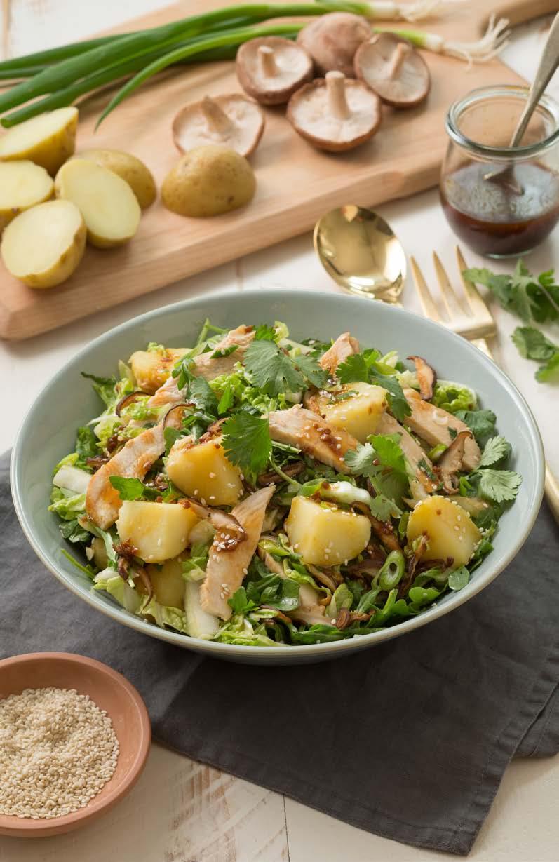 PALEO-FRIENDLY 3 Chinese Chicken Salad with Golden Potatoes and Shiitake Mushrooms Asian flavors pop in this salad with crunchy veggies, creamy Yellow potatoes and umami-packed shiitake mushrooms.