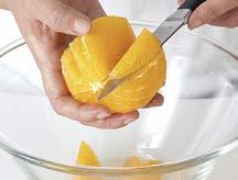Cut the segments crosswise into 4 pieces and return to the bowl. How to Cut Orange Segments Using a sharp paring knife, cut off the ends of the oranges to expose a circle of flesh.