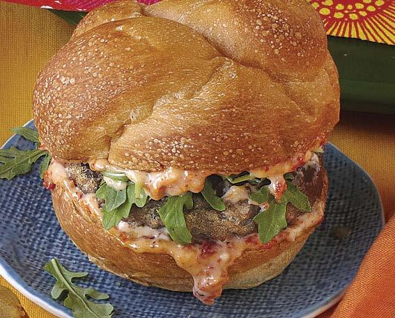 thursday Burgers with Sun-Dried- Tomato Mayo and Arugula Active total time: 22 minutes Broiling these burgers on a heated grill pan or skillet is a great way to mimic the smoky, charred flavor of the