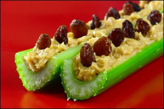 ¼ C raisins/ or craisins/ walnut pieces/ almond pieces 1. Wash and dry celery 2. Use 1 tsp.
