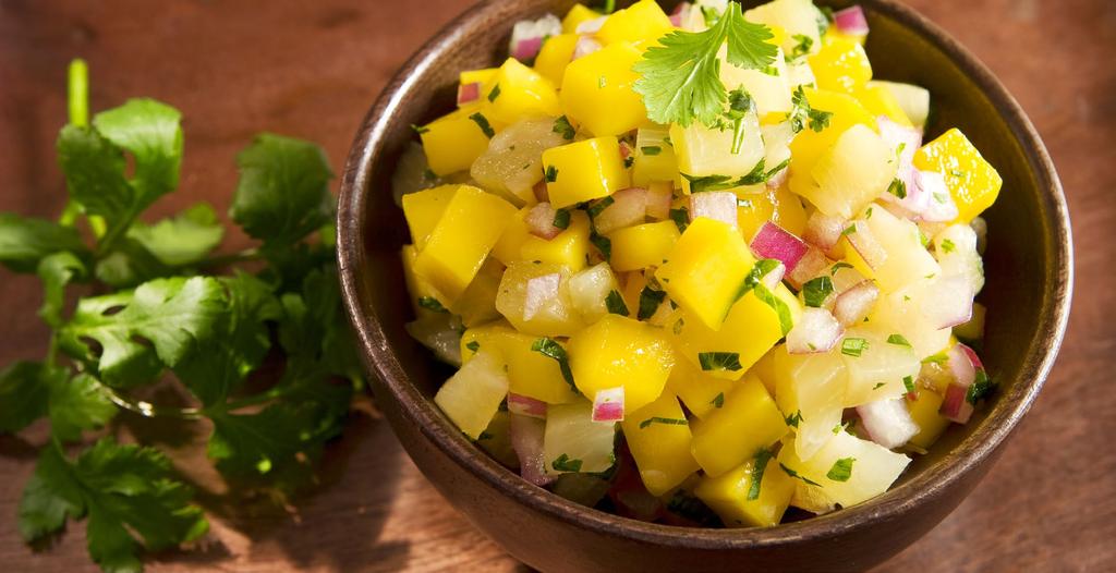 Mango Pineapple Salsa Serves 4-6 15 minutes 20-25 minutes 35-40 minutes Medium 1 C. fresh pineapple, diced 1 C. fresh mango, diced 1.