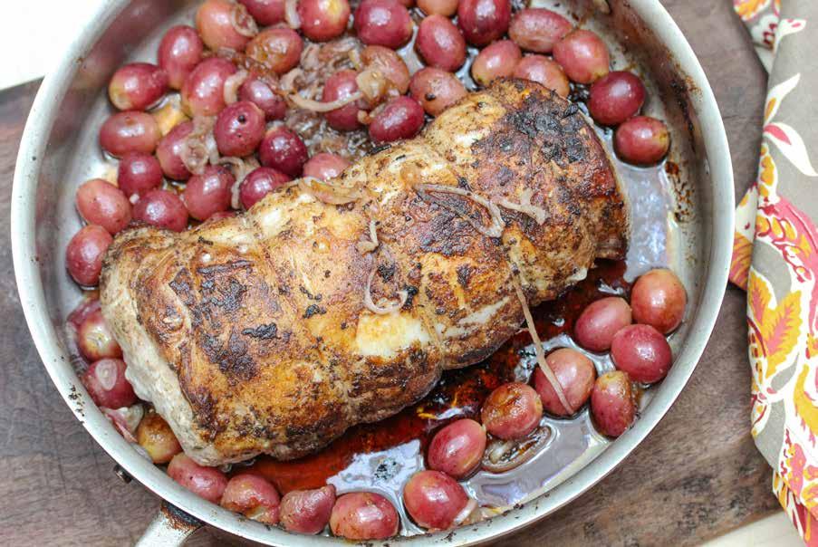 Port Loin with Burst Grapes courtesy of Bonterra Organic Vineyards serves 6 Pound 3 cloves garlic (peeled) to a paste in a mortar and pestle with a pinch of salt and grind of pepper.