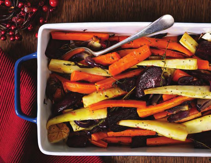 SERVES 4-6 Christmas trimmings Roasted Vegetables with thyme and rosemary 2 large beetroots peeled and cut into 3cm chunks 2 large carrots peeled and cut into 3cm chunks 2 large parsnips carrots