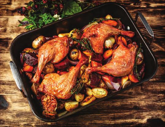 SERVES 4 Roast Gressingham Duck legs With roasted root vegetables and thyme 4 Gressingham Duck legs 6 tbsp olive oil 250ml water 2 red onions, peeled and cut into wedges 2 large carrots, peeled and