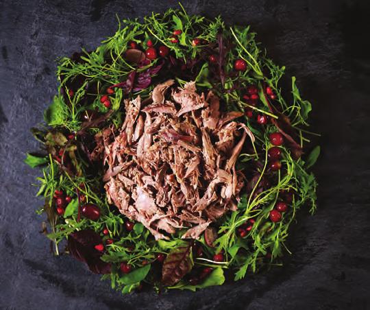 SERVES 4-6 Festive duck wreath with An exotic RUB 1 whole Gressingham Duck ½ pint cider ¼ pint cider vinegar 1 bulb garlic, broken into cloves then crushed A selection of salad leaves 1 pomegranate