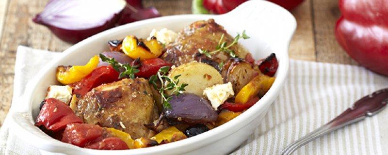 Greek Chicken, Tomato and Feta Bake Saturday 19th August COOK TIME 00:45:00 PREP TIME 00:15:00 SERVES 4 This easy-to-make baked chicken and feta dish will impress family, friends and fans alike.