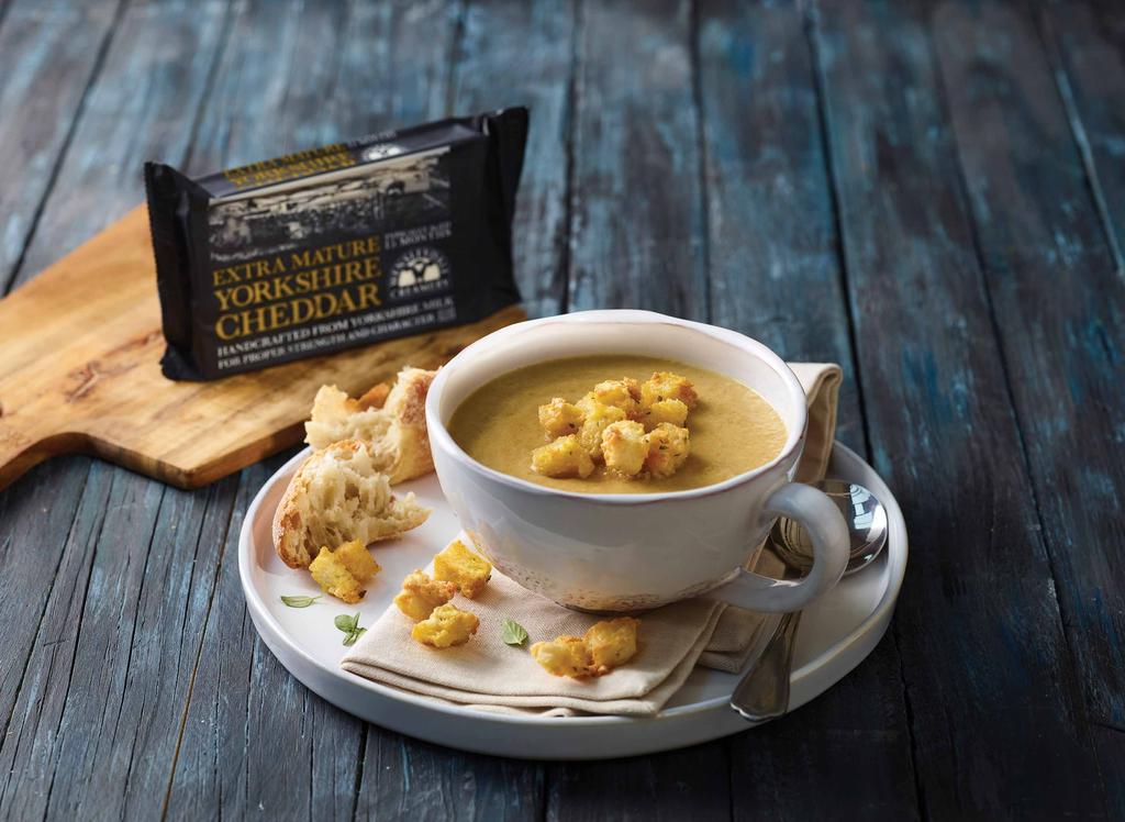 Scrumptious Yorkshire Cheddar and White Onion Soup Serves 4 250g Yorkshire Cheddar grated or finely chopped so it melts into the soup 3 medium onions peeled and evenly diced (approx.