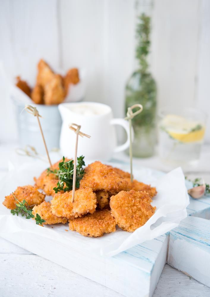 HOMEMADE CHICKEN FINGERS 2 c Panko bread crumbs (gluten free) 2 Large eggs 1 lb Boneless, skinless chicken breast, cut into long strips Extra virgin olive or coconut oil This simple recipe shows how
