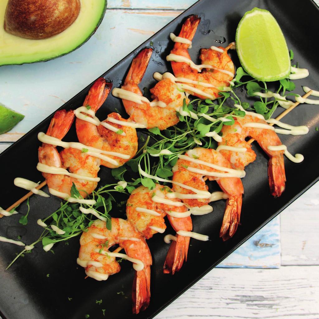 Thai shrimp skewers with avocado & lime mayo Dairy free Grain free Paleo Lower sugar Low carb Protein rich Healthy fats Eggs Shellfish